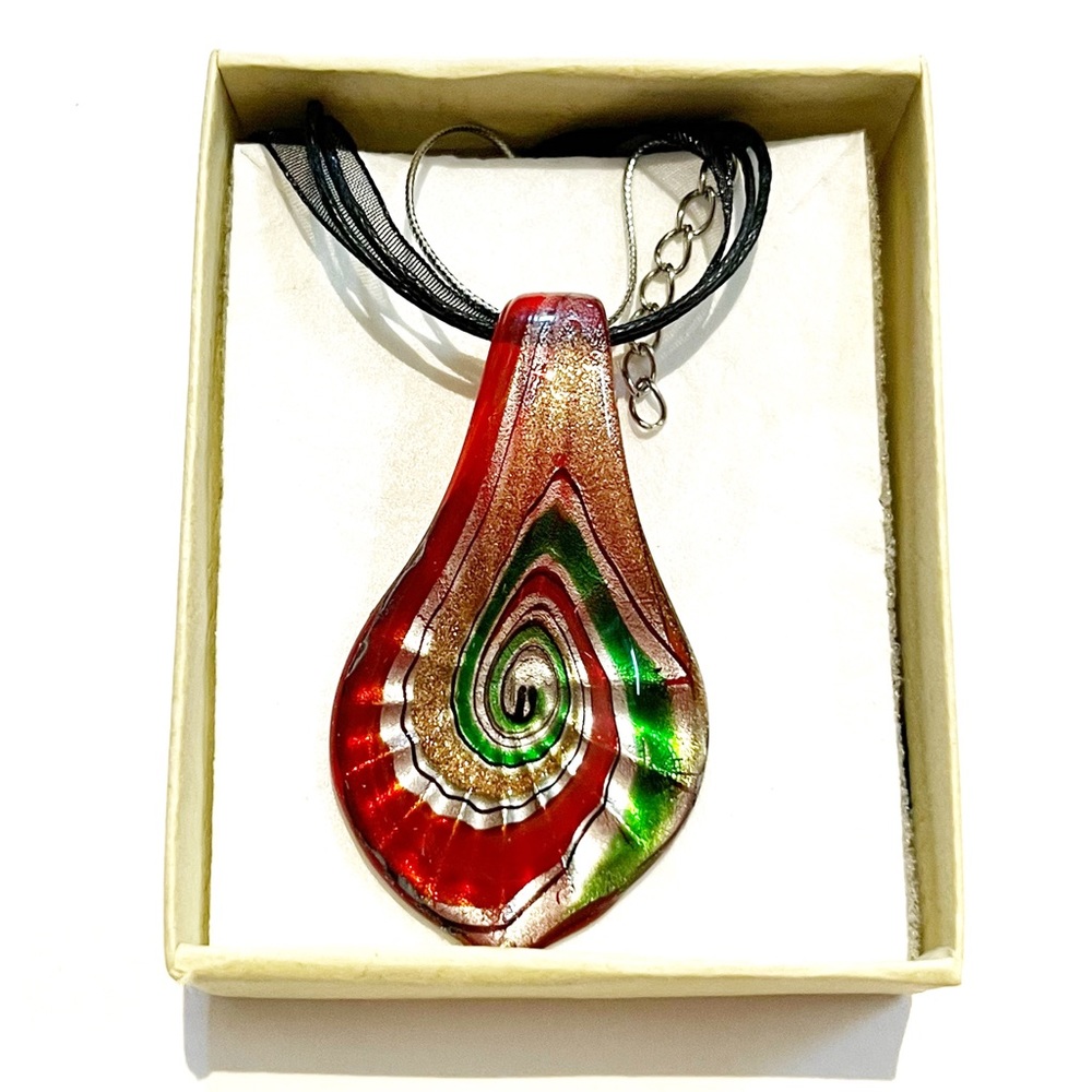 Murano Style Blown Glass Necklace Teardrop Red Green Silver Gold Swirl Sparkly